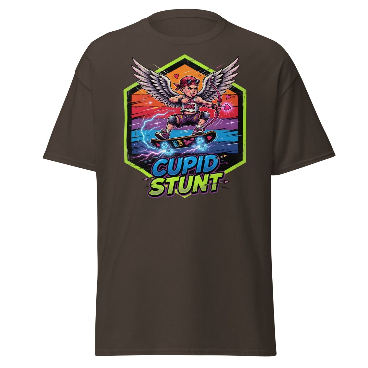 Cupid Stunt Skateboard T-Shirt - Funny Punk Cupid Graphic Tee - Dark Chocolate - TeeRipple