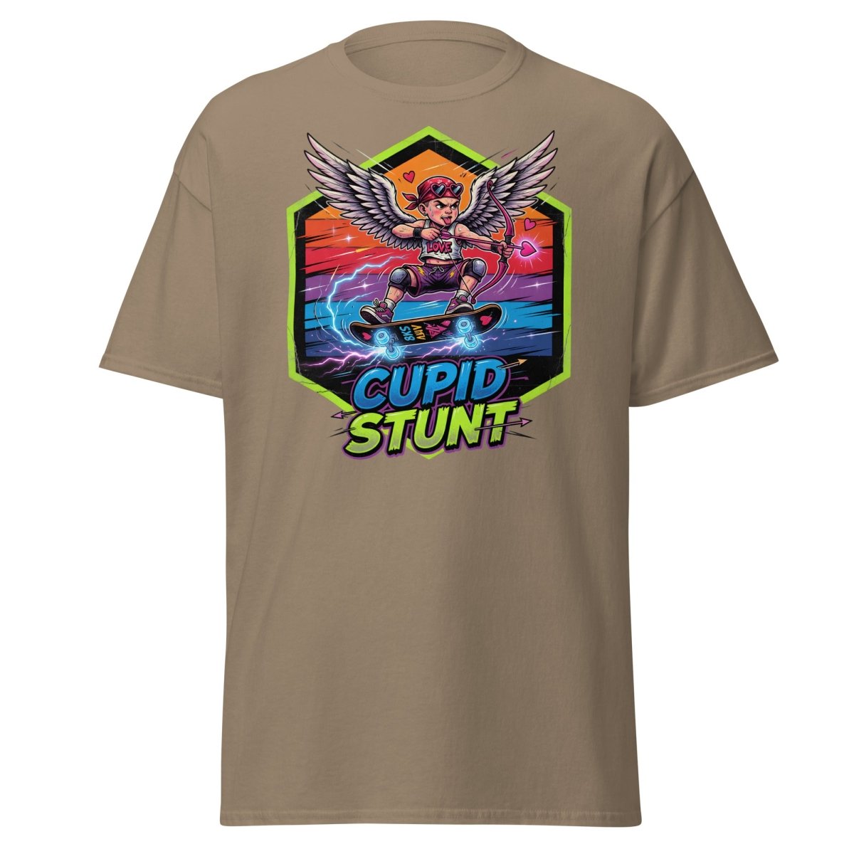 Cupid Stunt Skateboard T-Shirt - Funny Punk Cupid Graphic Tee - Brown Savana - TeeRipple