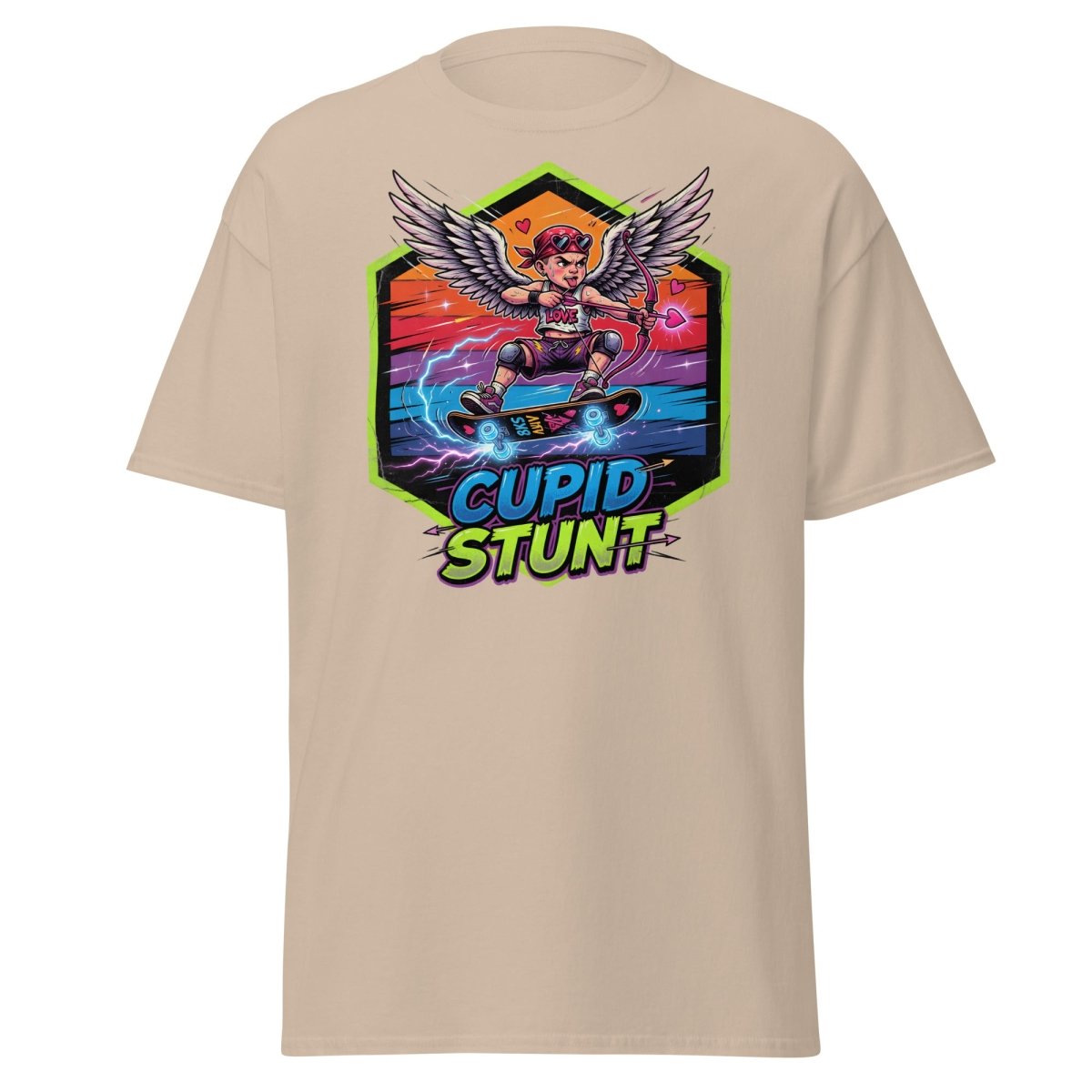 Cupid Stunt Skateboard T-Shirt - Funny Punk Cupid Graphic Tee - Sand - TeeRipple
