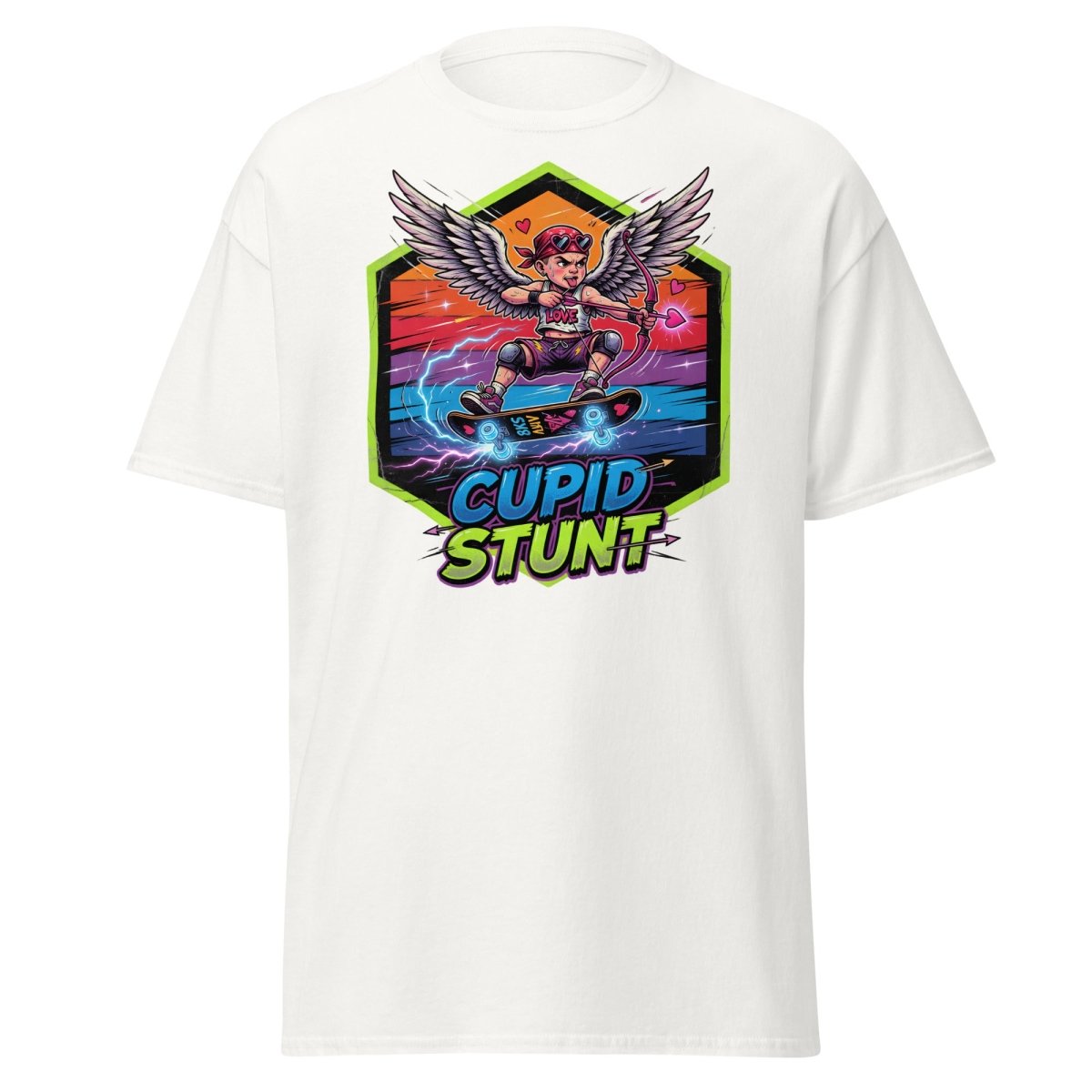 Cupid Stunt Skateboard T-Shirt - Funny Punk Cupid Graphic Tee - White - TeeRipple