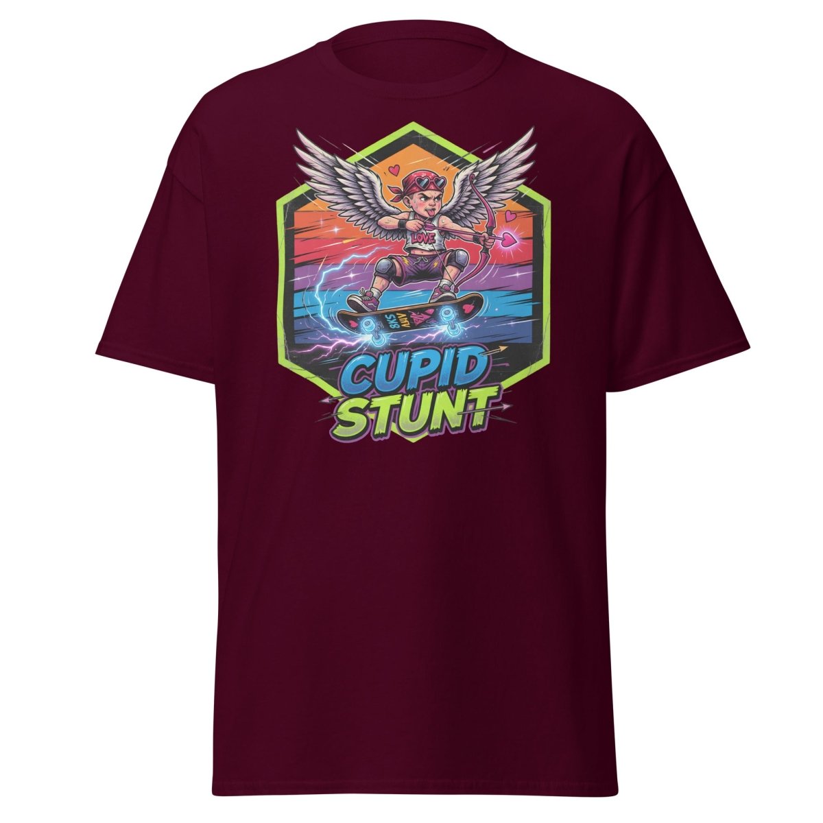 Cupid Stunt Skateboard T-Shirt - Funny Punk Cupid Graphic Tee - Maroon - TeeRipple