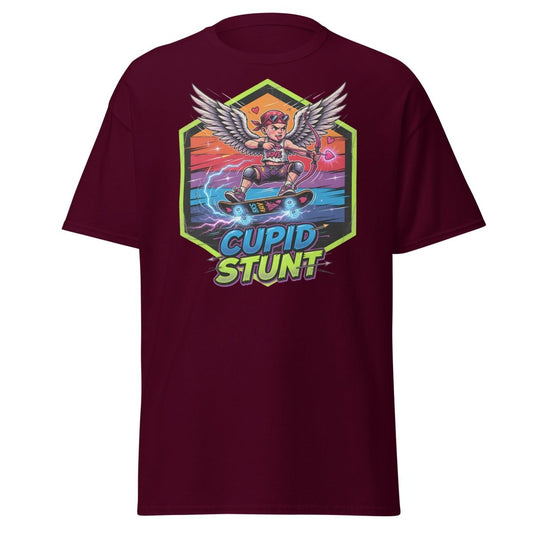 Cupid Stunt Skateboard T-Shirt - Funny Punk Cupid Graphic Tee - Maroon - TeeRipple