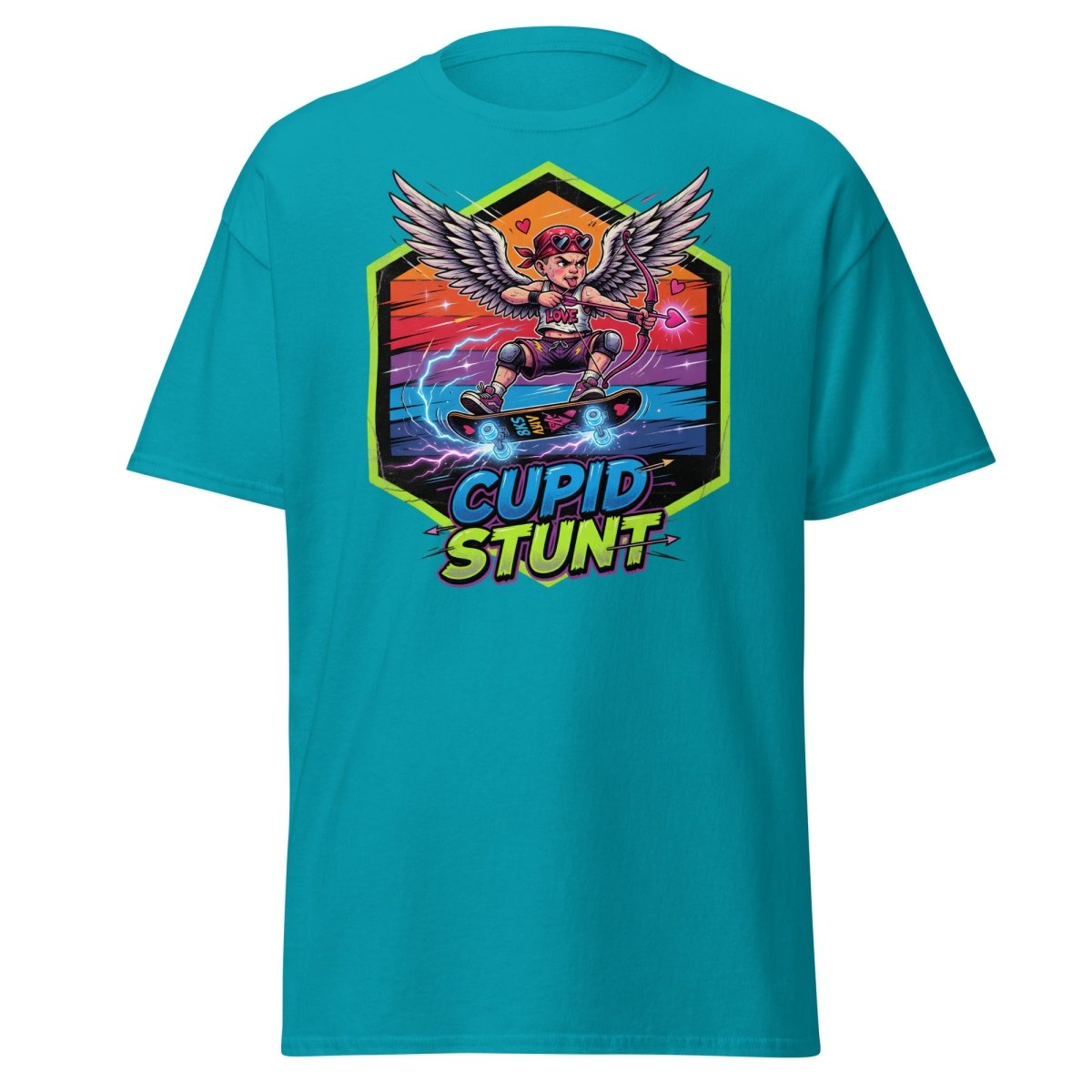 Cupid Stunt Skateboard T-Shirt - Funny Punk Cupid Graphic Tee - Tropical Blue - TeeRipple