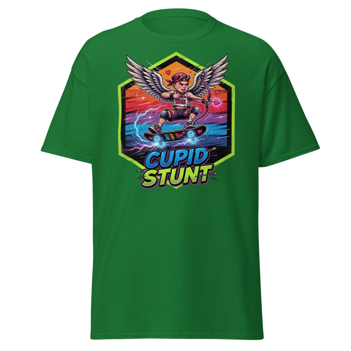Cupid Stunt Skateboard T-Shirt - Funny Punk Cupid Graphic Tee - Turf Green - TeeRipple