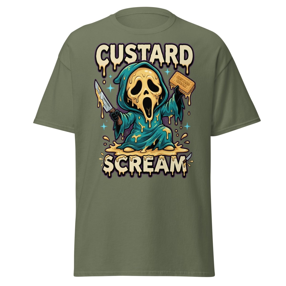 Custard Scream Funny Horror T-Shirt - Military Green - TeeRipple