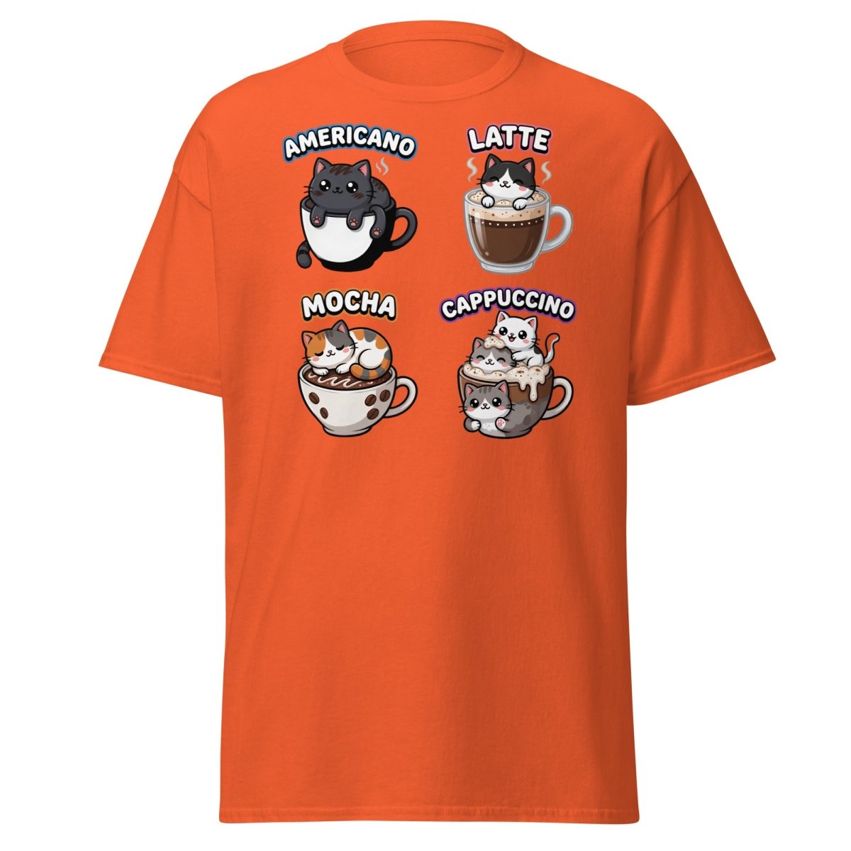 Cute Coffee Cats T-Shirt - Americano Latte Mocha Cappuccino - Orange - TeeRipple