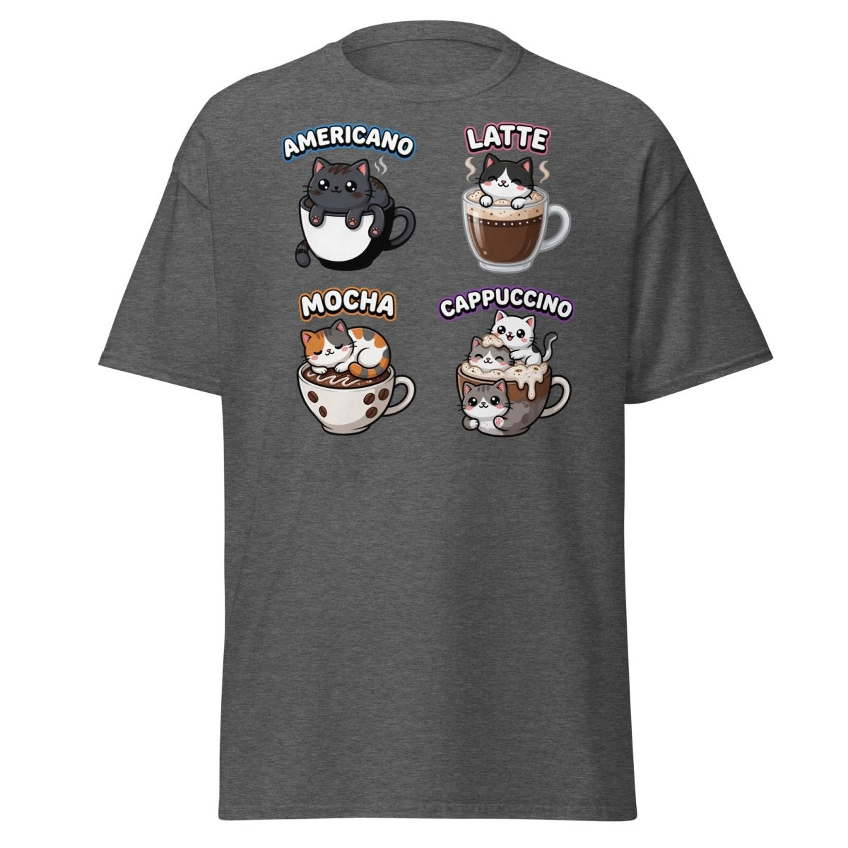 Cute Coffee Cats T-Shirt - Americano Latte Mocha Cappuccino - Dark Heather - TeeRipple