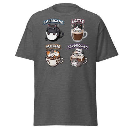 Cute Coffee Cats T-Shirt - Americano Latte Mocha Cappuccino - Dark Heather - TeeRipple