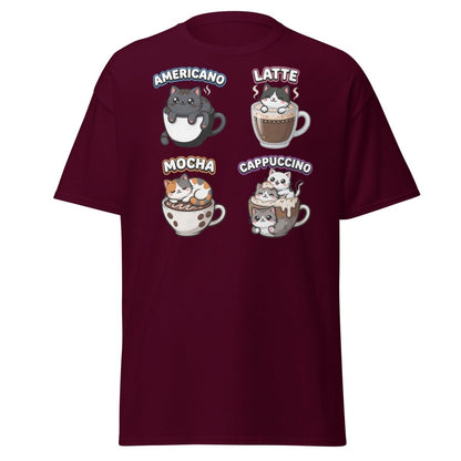 Cute Coffee Cats T-Shirt - Americano Latte Mocha Cappuccino - Maroon - TeeRipple