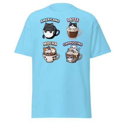 Cute Coffee Cats T-Shirt - Americano Latte Mocha Cappuccino - Sky - TeeRipple