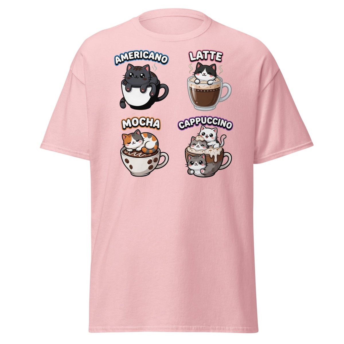 Cute Coffee Cats T-Shirt - Americano Latte Mocha Cappuccino - Light Pink - TeeRipple