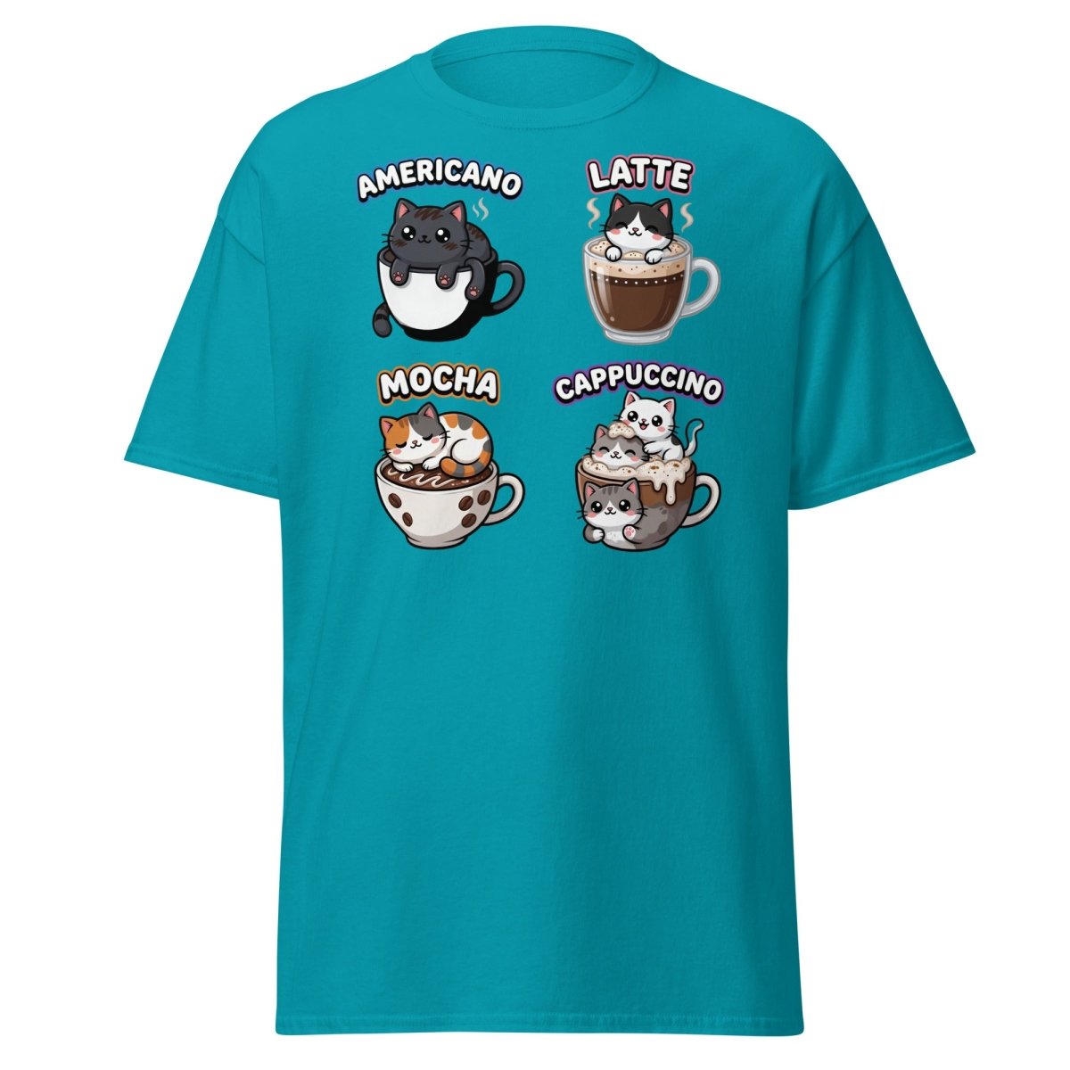 Cute Coffee Cats T-Shirt - Americano Latte Mocha Cappuccino - Tropical Blue - TeeRipple