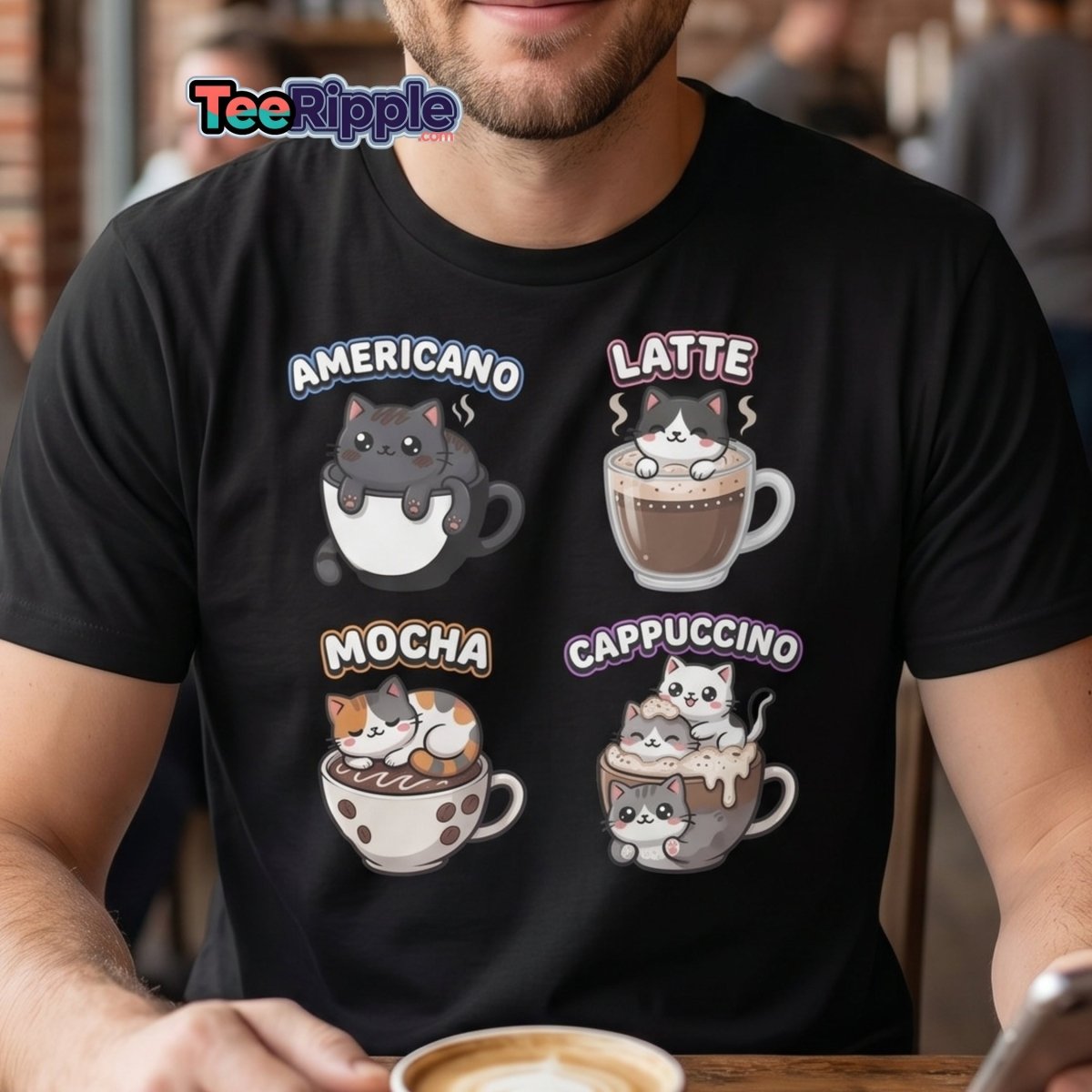 Cute Coffee Cats T-Shirt - Americano Latte Mocha Cappuccino - Maroon - TeeRipple