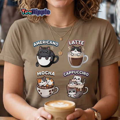 Cute Coffee Cats T-Shirt - Americano Latte Mocha Cappuccino - Maroon - TeeRipple
