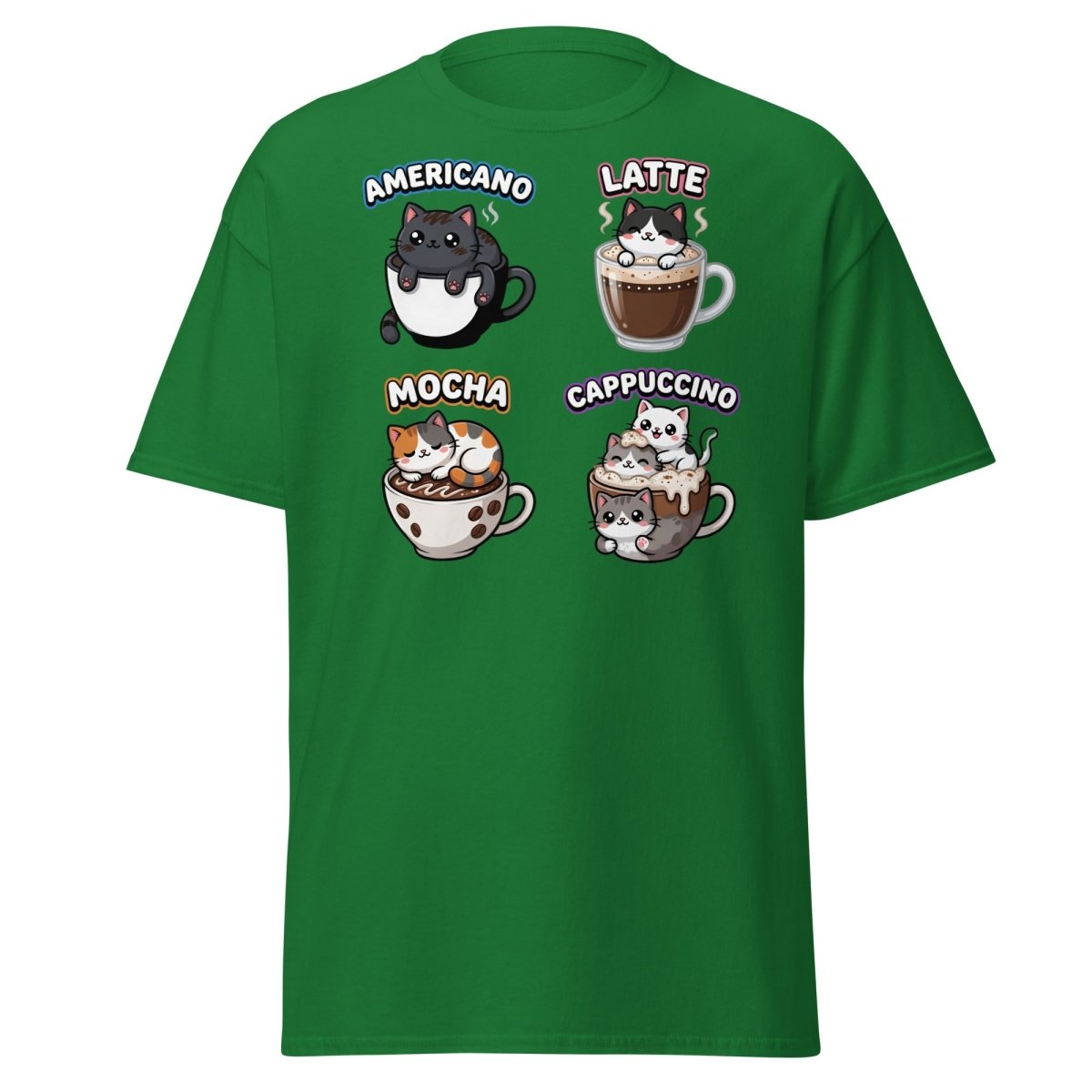 Cute Coffee Cats T-Shirt - Americano Latte Mocha Cappuccino - Turf Green - TeeRipple