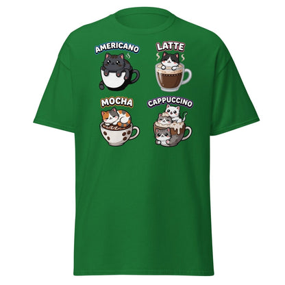 Cute Coffee Cats T-Shirt - Americano Latte Mocha Cappuccino - Turf Green - TeeRipple