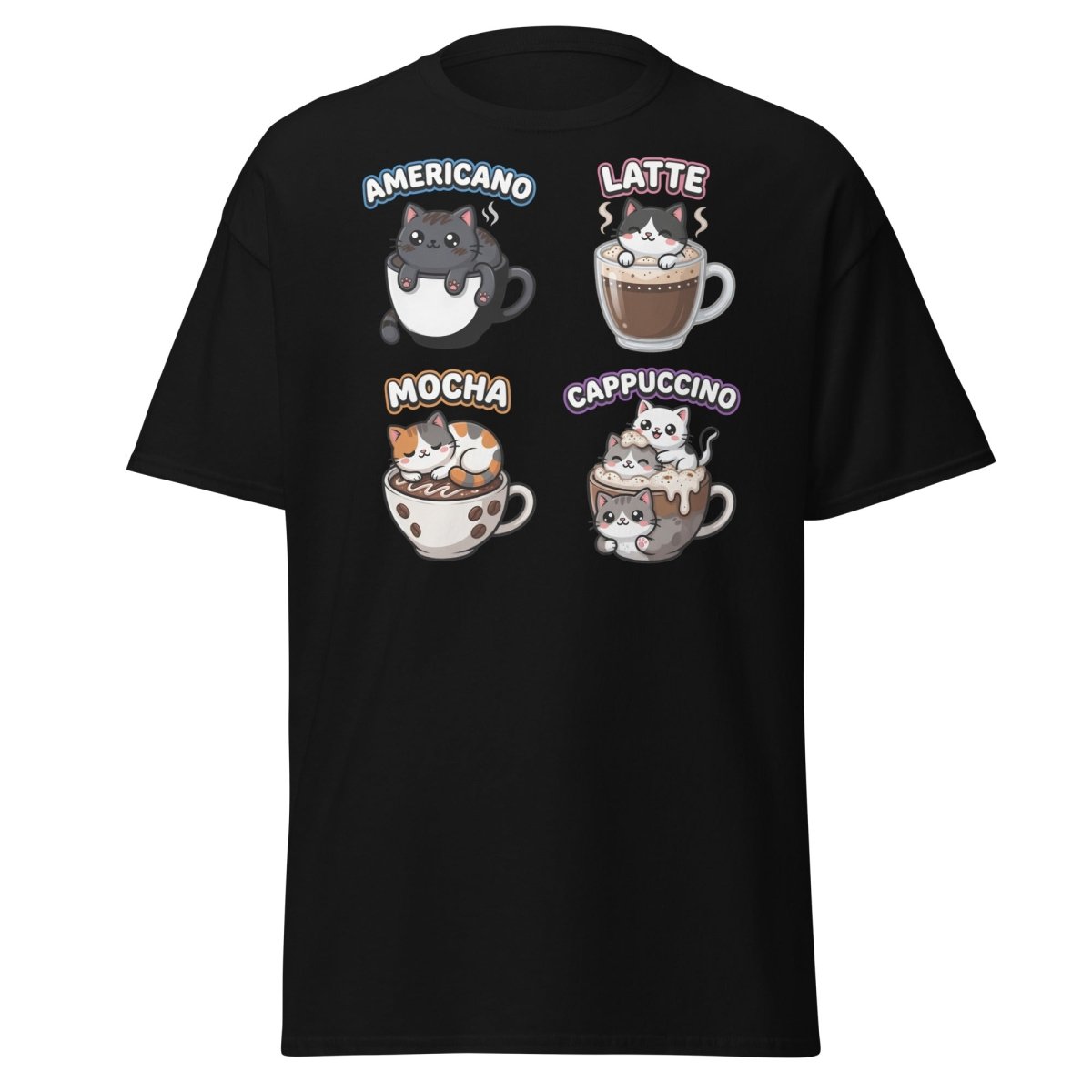Cute Coffee Cats T-Shirt - Americano Latte Mocha Cappuccino - Black - TeeRipple