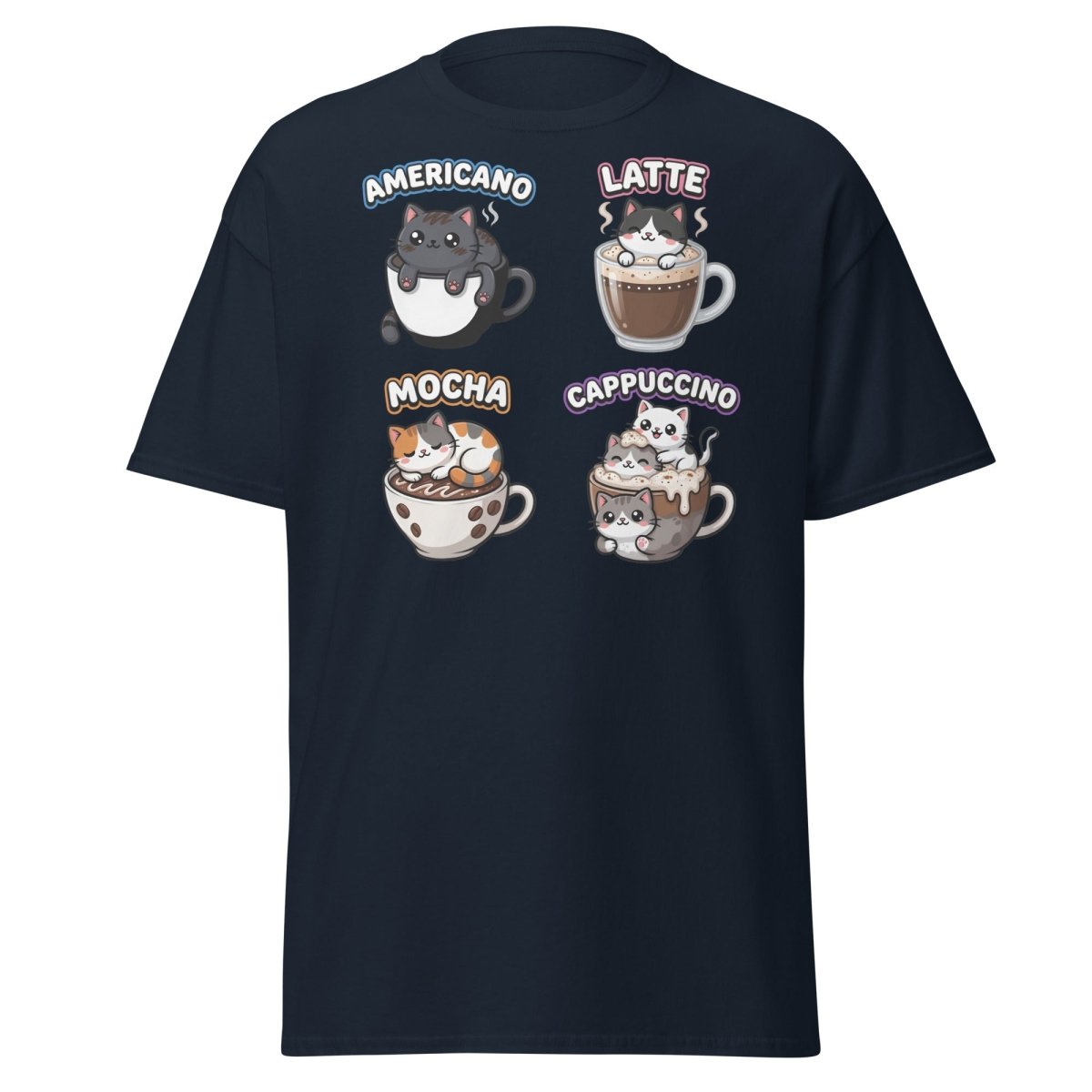 Cute Coffee Cats T-Shirt - Americano Latte Mocha Cappuccino - Navy - TeeRipple