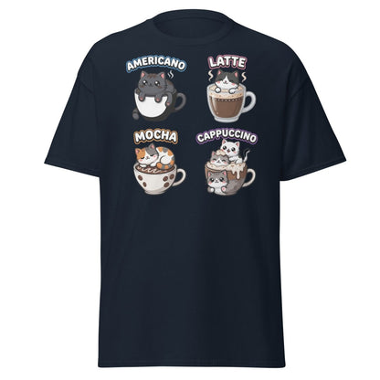 Cute Coffee Cats T-Shirt - Americano Latte Mocha Cappuccino - Navy - TeeRipple