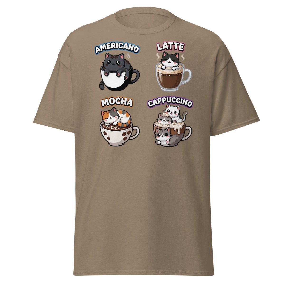 Cute Coffee Cats T-Shirt - Americano Latte Mocha Cappuccino - Brown Savana - TeeRipple