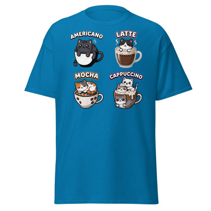 Cute Coffee Cats T-Shirt - Americano Latte Mocha Cappuccino - Sapphire - TeeRipple