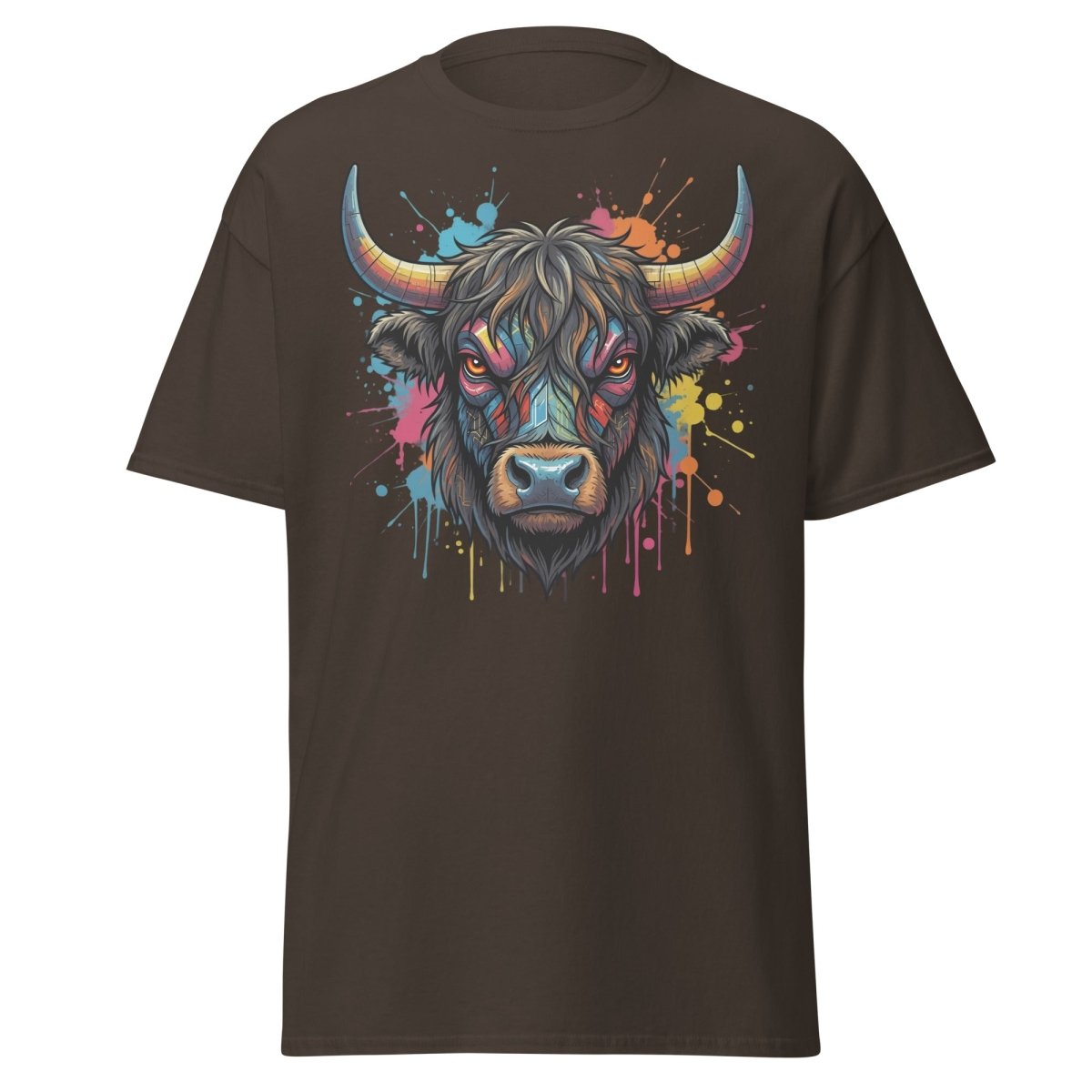 Cyberpunk Highland Cow T-Shirt – Neon Circuit Art Tee - Dark Chocolate - TeeRipple
