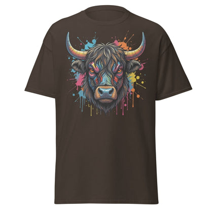 Cyberpunk Highland Cow T-Shirt – Neon Circuit Art Tee - Dark Chocolate - TeeRipple