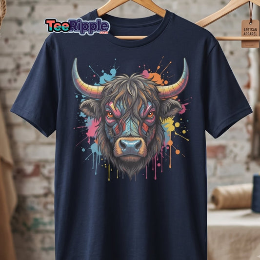 Cyberpunk Highland Cow T-Shirt – Neon Circuit Art Tee - Maroon - TeeRipple