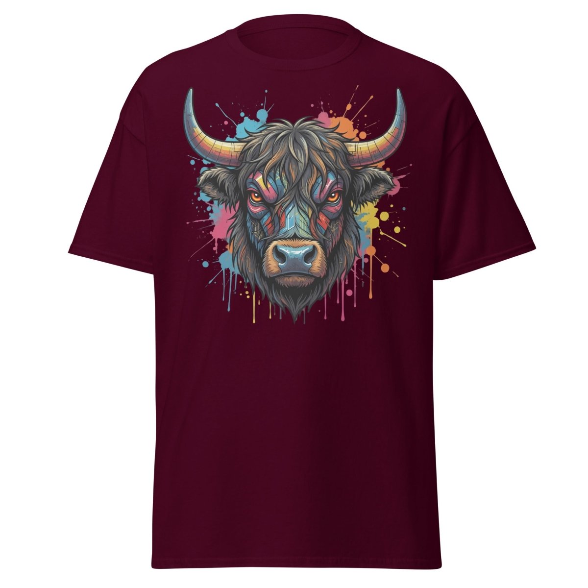 Cyberpunk Highland Cow T-Shirt – Neon Circuit Art Tee - Maroon - TeeRipple