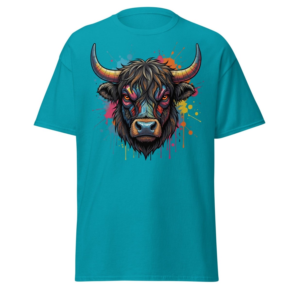 Cyberpunk Highland Cow T-Shirt – Neon Circuit Art Tee - Tropical Blue - TeeRipple