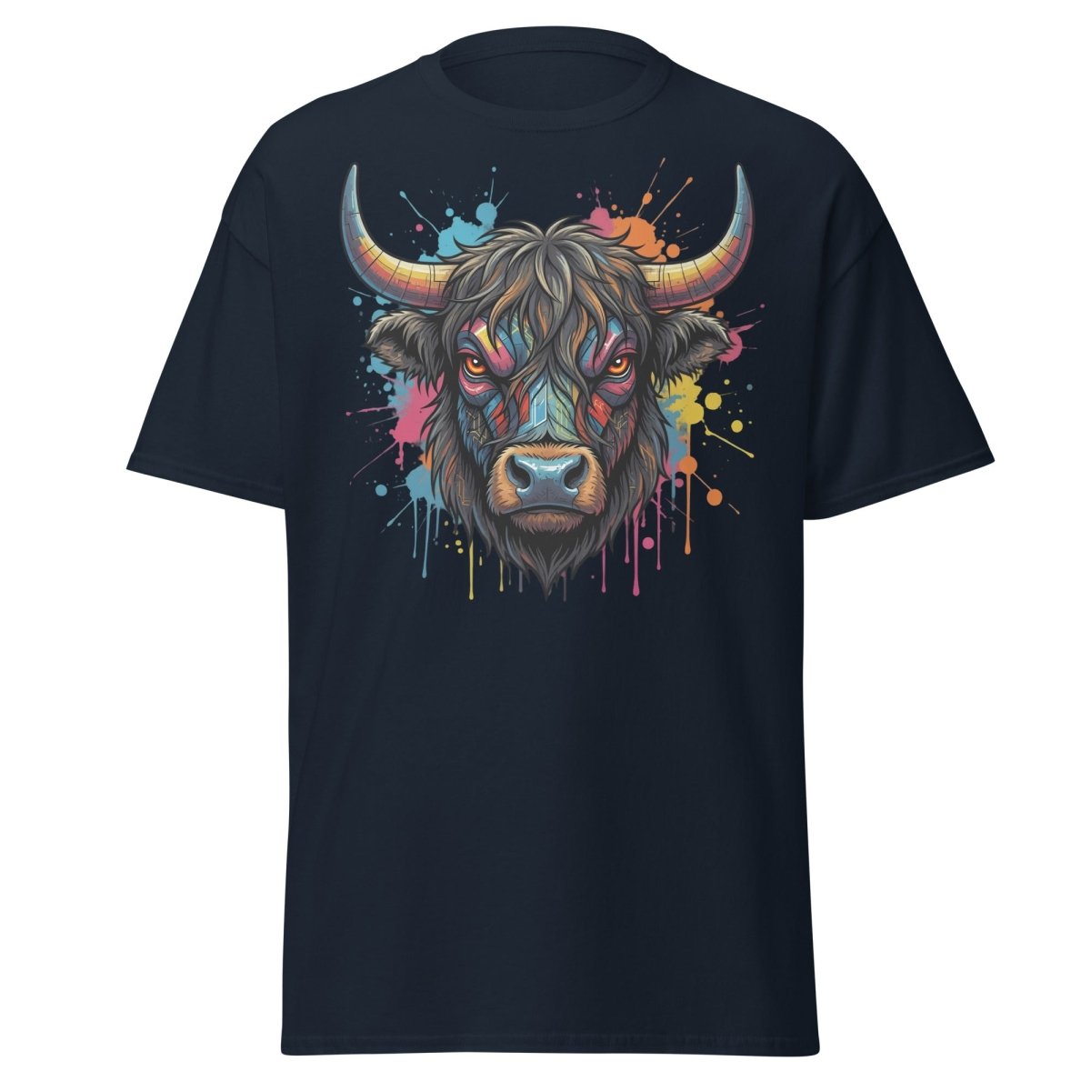 Cyberpunk Highland Cow T-Shirt – Neon Circuit Art Tee - Navy - TeeRipple