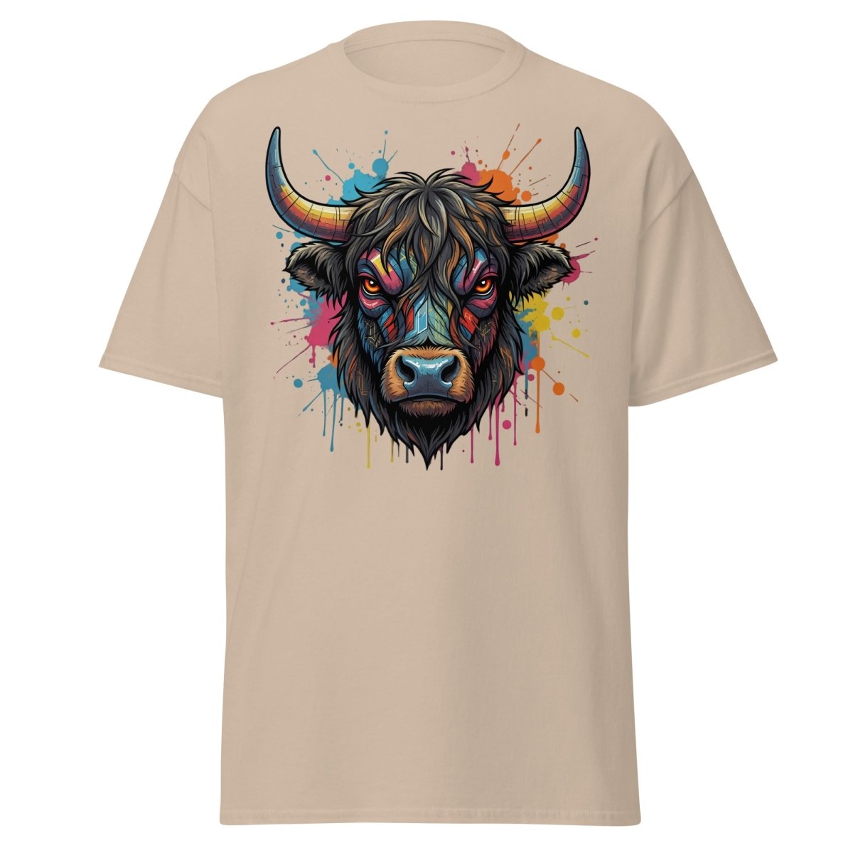 Cyberpunk Highland Cow T-Shirt – Neon Circuit Art Tee - Sand - TeeRipple