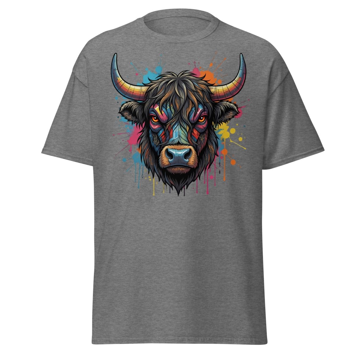 Cyberpunk Highland Cow T-Shirt – Neon Circuit Art Tee - Graphite Heather - TeeRipple