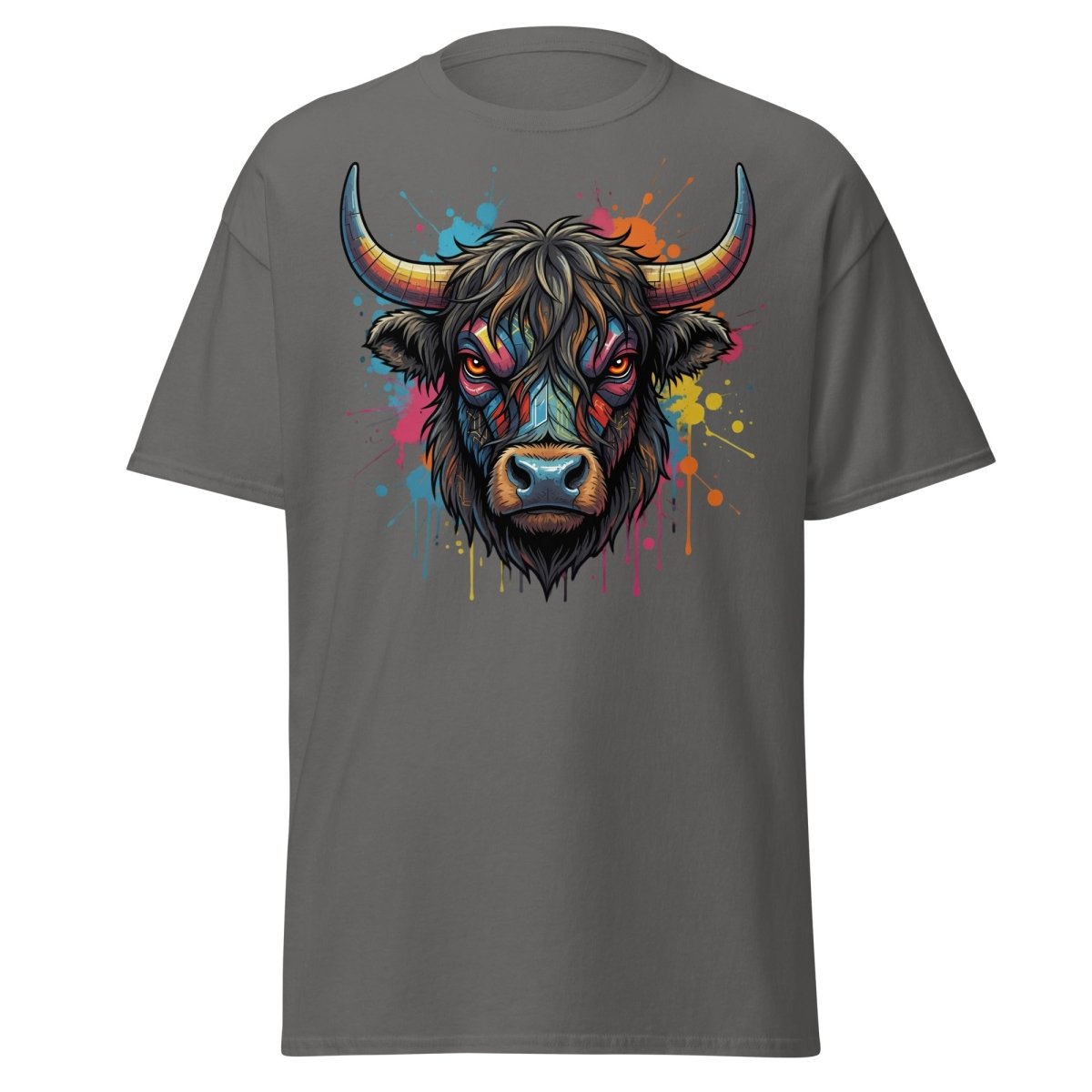 Cyberpunk Highland Cow T-Shirt – Neon Circuit Art Tee - Charcoal - TeeRipple