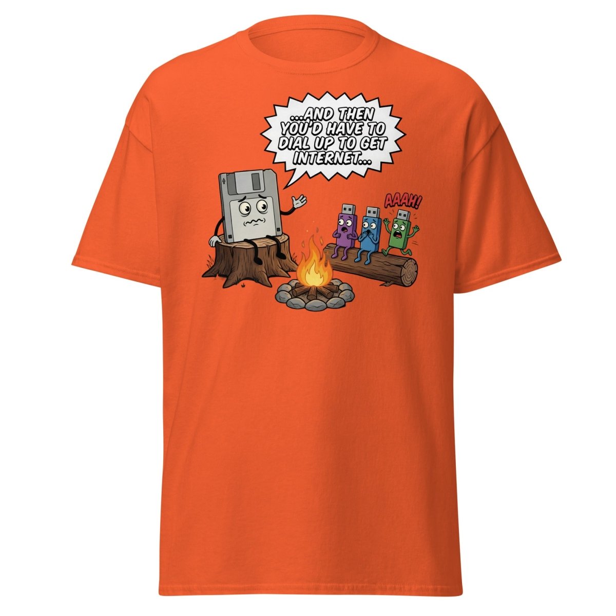 Dial-Up Horror Floppy Disk USB T-Shirt | Retro Tech - Orange - TeeRipple