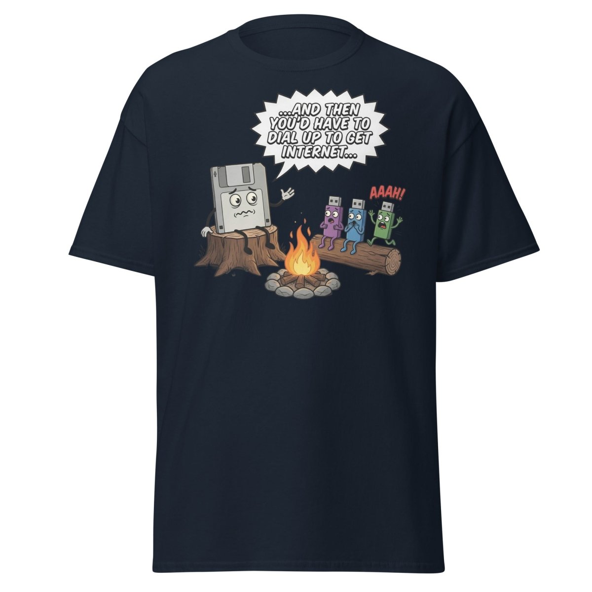 Dial-Up Horror Floppy Disk USB T-Shirt | Retro Tech - Navy - TeeRipple