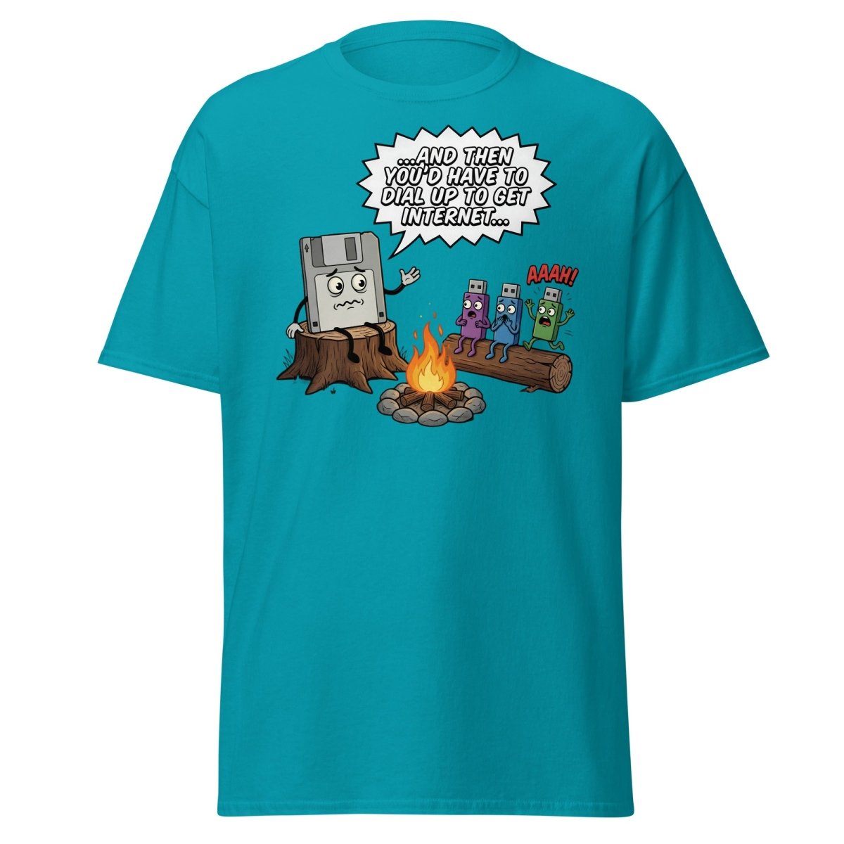 Dial-Up Horror Floppy Disk USB T-Shirt | Retro Tech - Tropical Blue - TeeRipple