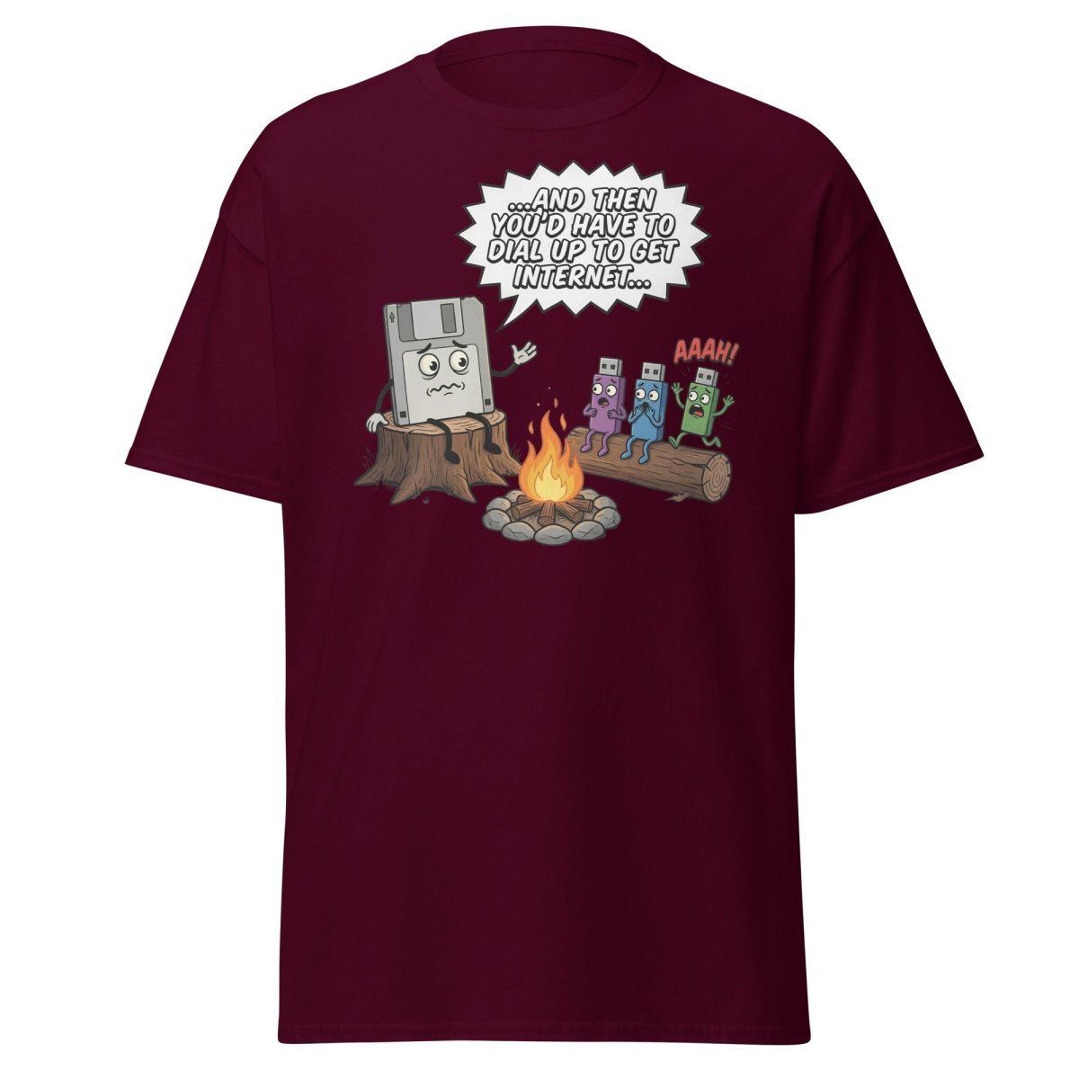Dial-Up Horror Floppy Disk USB T-Shirt | Retro Tech - Maroon - TeeRipple