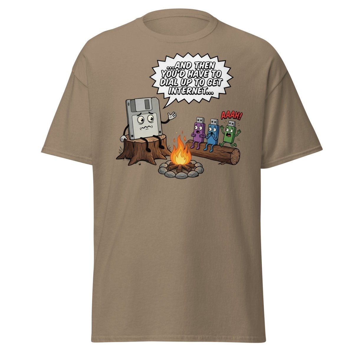 Dial-Up Horror Floppy Disk USB T-Shirt | Retro Tech - Brown Savana - TeeRipple