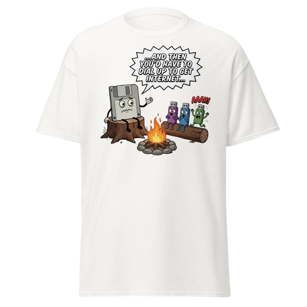 Dial-Up Horror Floppy Disk USB T-Shirt | Retro Tech - White - TeeRipple