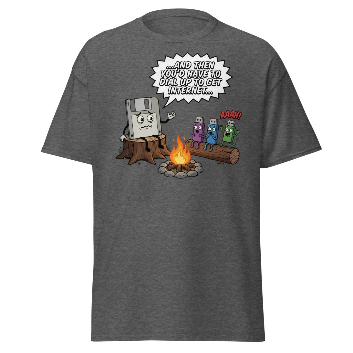 Dial-Up Horror Floppy Disk USB T-Shirt | Retro Tech - Dark Heather - TeeRipple