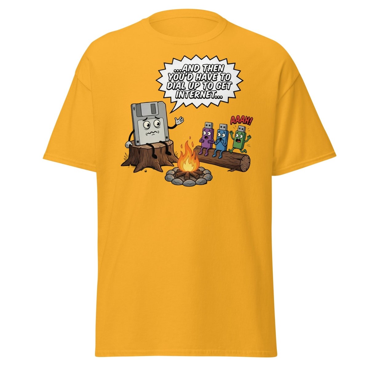 Dial-Up Horror Floppy Disk USB T-Shirt | Retro Tech - Gold - TeeRipple