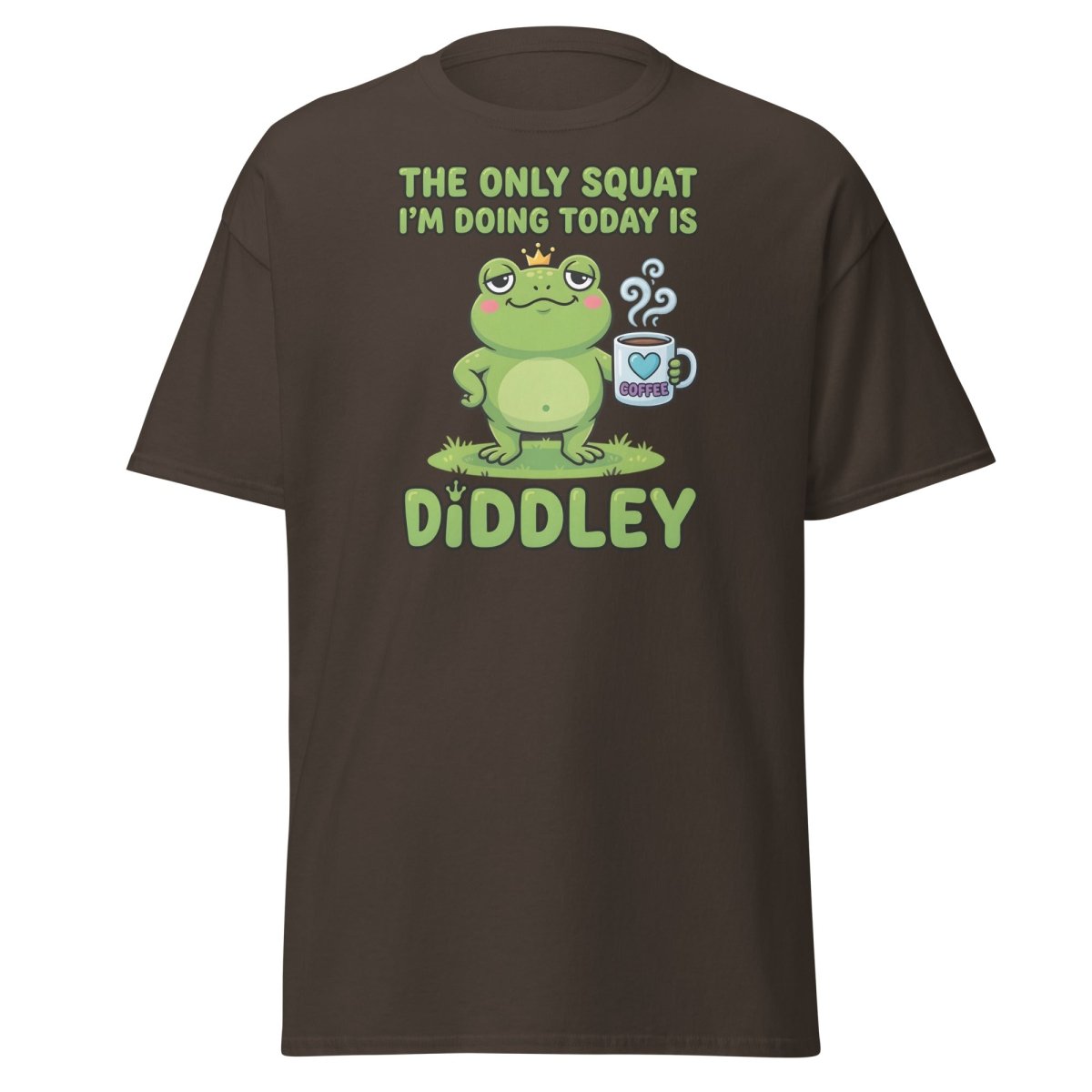 Diddley Squat Frog T-Shirt – Funny Lazy Gym Coffee Pun Tee - Dark Chocolate - TeeRipple