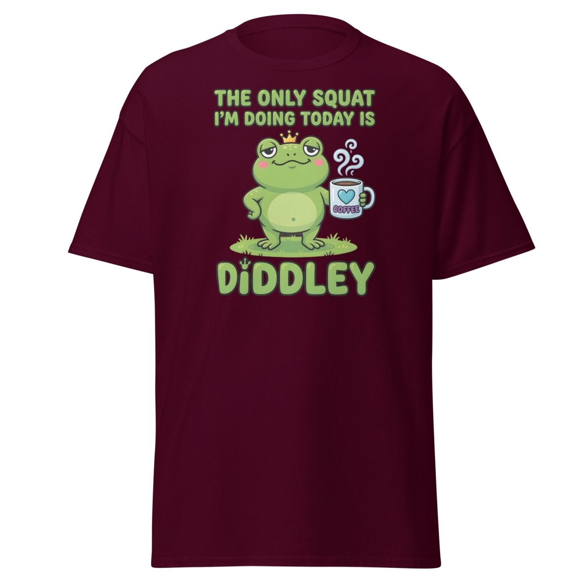 Diddley Squat Frog T-Shirt – Funny Lazy Gym Coffee Pun Tee - Maroon - TeeRipple