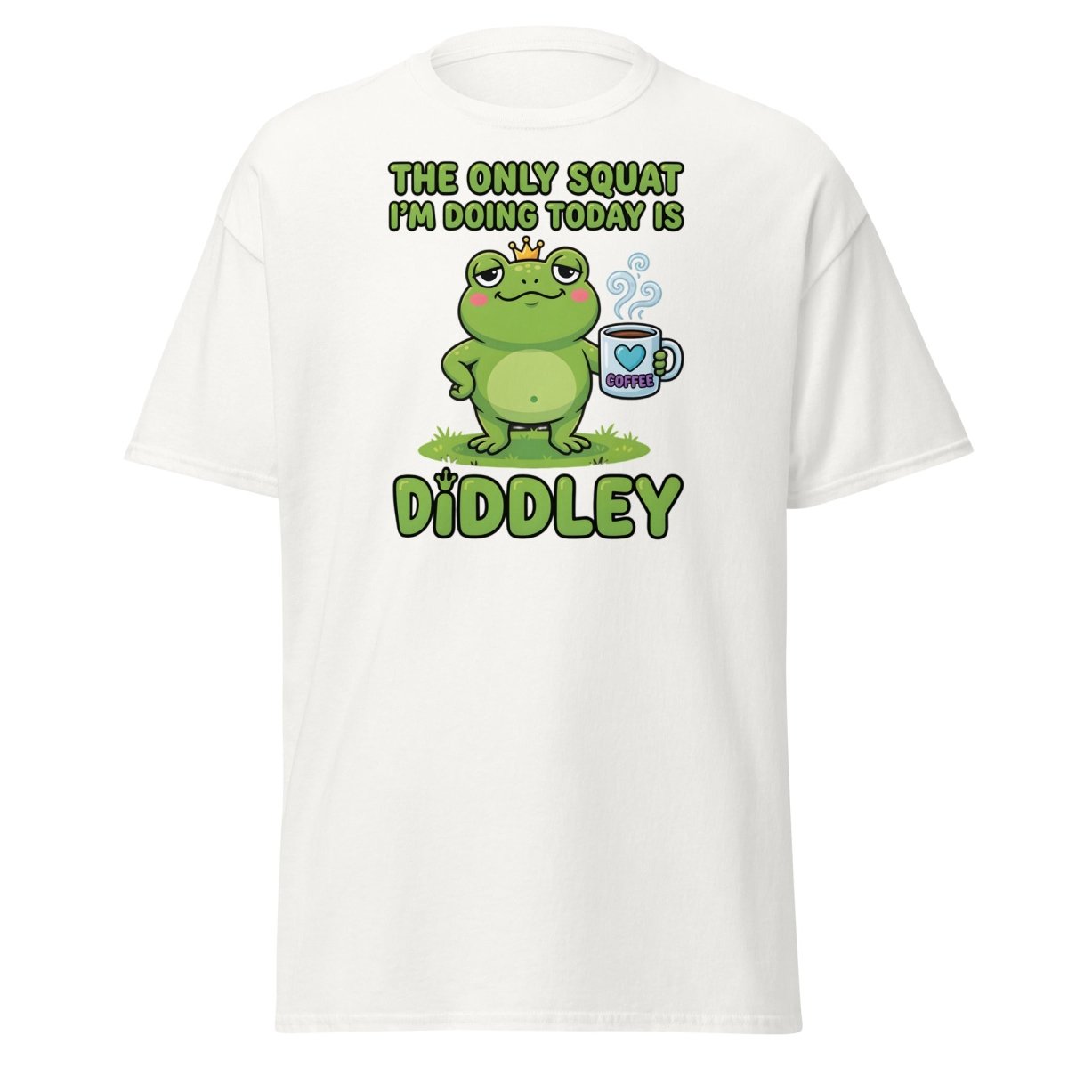 Diddley Squat Frog T-Shirt – Funny Lazy Gym Coffee Pun Tee - White - TeeRipple