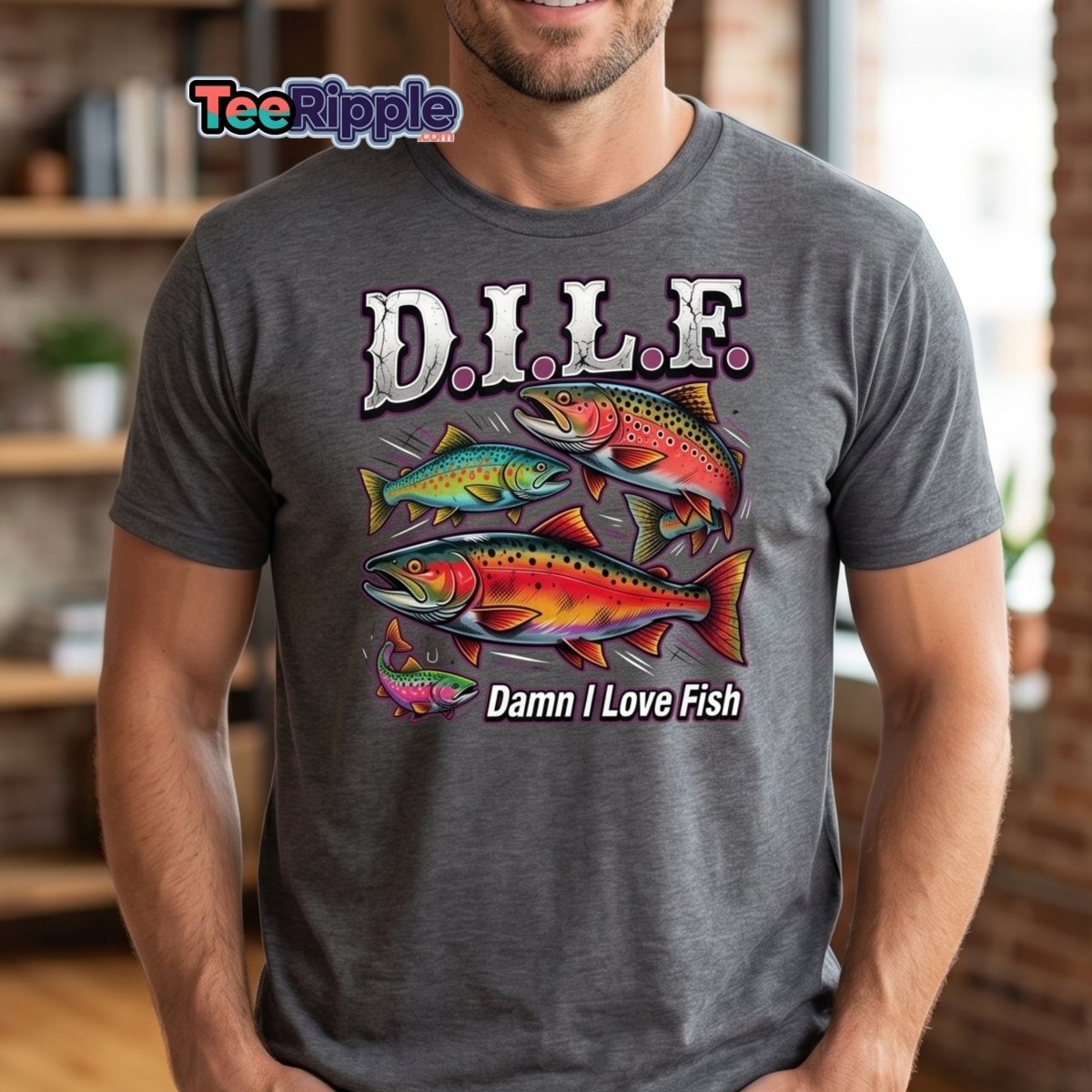 DILF Damn I Love Fish Funny Fishing T-Shirt - Maroon - TeeRipple