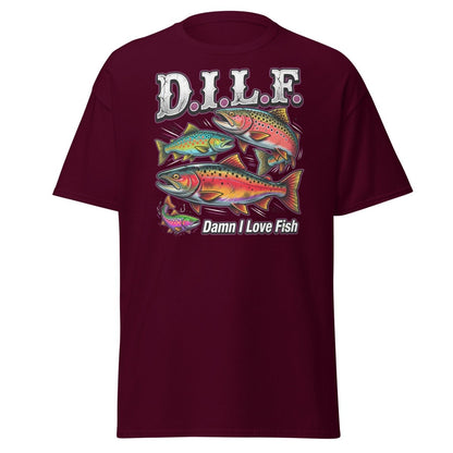 DILF Damn I Love Fish Funny Fishing T-Shirt - Maroon - TeeRipple