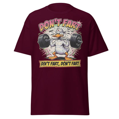 Don't Fart Duck Lifting Funny Gym T-Shirt - Maroon - TeeRipple