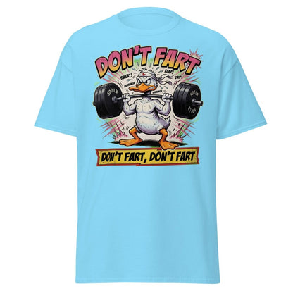 Don't Fart Duck Lifting Funny Gym T-Shirt - Sky - TeeRipple