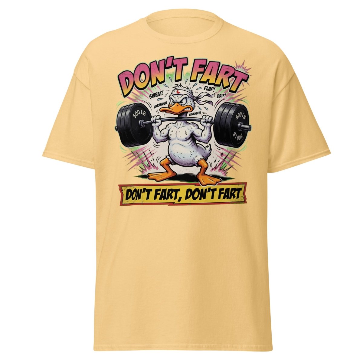Don't Fart Duck Lifting Funny Gym T-Shirt - Yellow Haze - TeeRipple